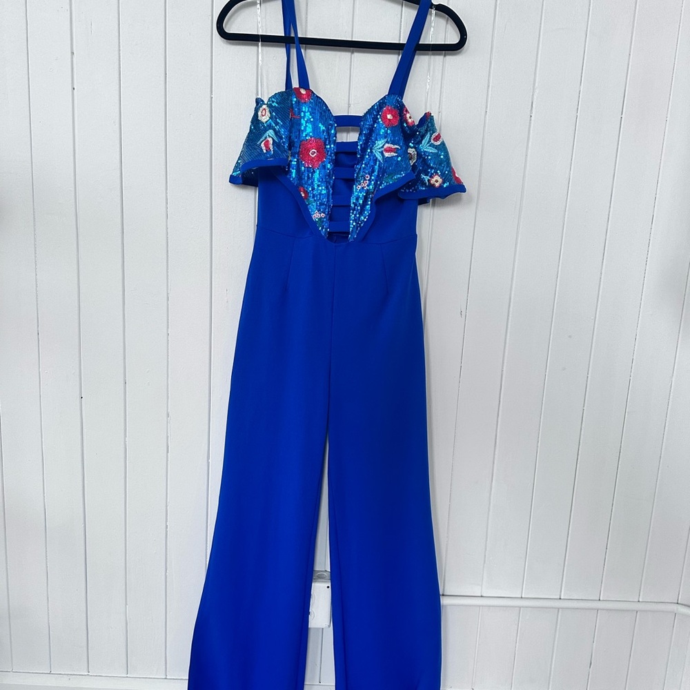 Valentine Blue Sequin Floral Ruffle Wide-Leg Jumpsuit